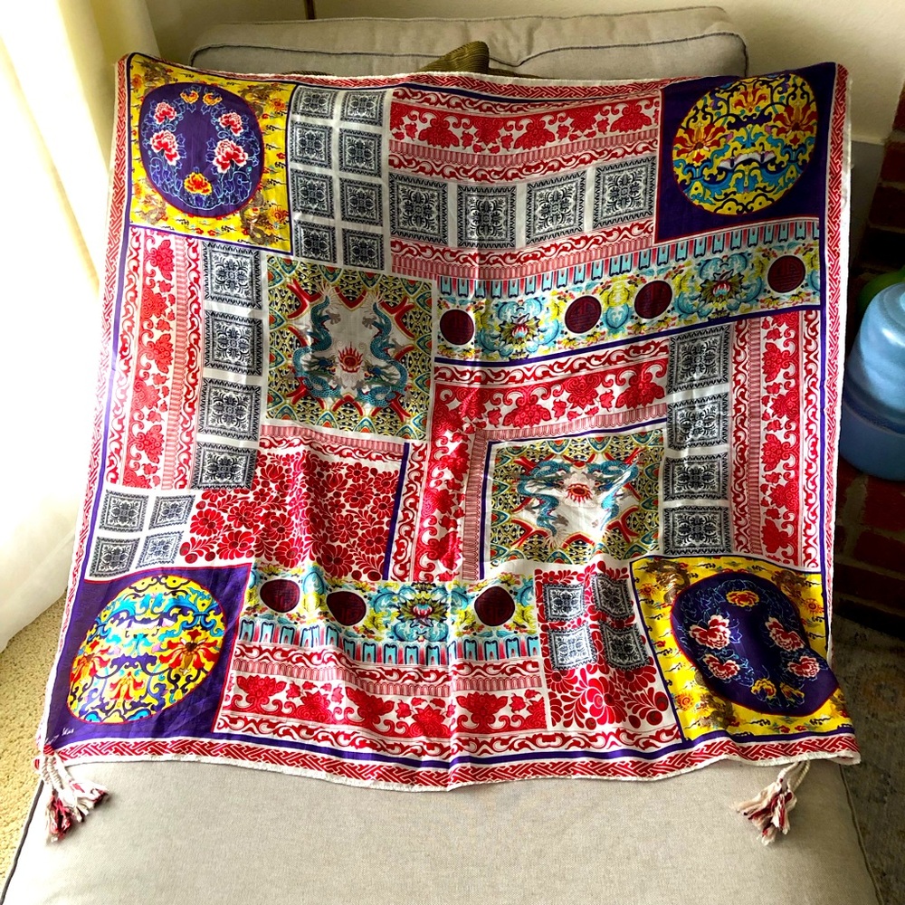Johnny Was Silk Patchwork Dragons Scarf 44”x44”